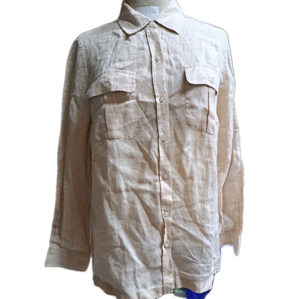 J MCLAUGHLIN 100% Linen Shirt Women's M Long Sleeve Button Up Beige Brown Preppy